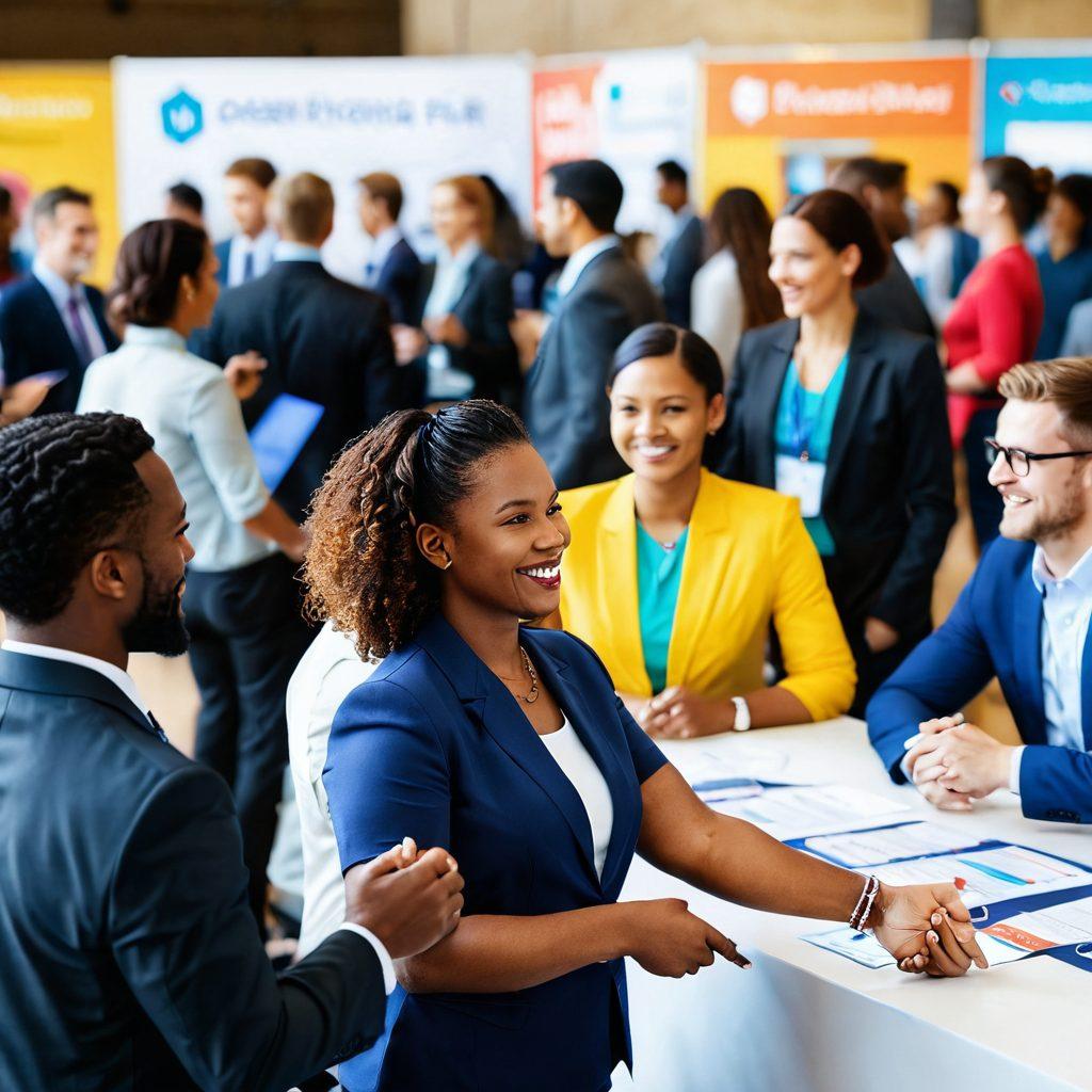 A dynamic scene depicting a diverse group of professionals networking at a vibrant career fair. In the foreground, a confident candidate is shaking hands with a hiring manager, both smiling. Behind them, various booths showcase companies and career opportunities, filled with engaging people exchanging ideas. The background should include motivational banners and colorful hangouts, symbolizing growth and connectivity. super-realistic. vibrant colors. 3D.