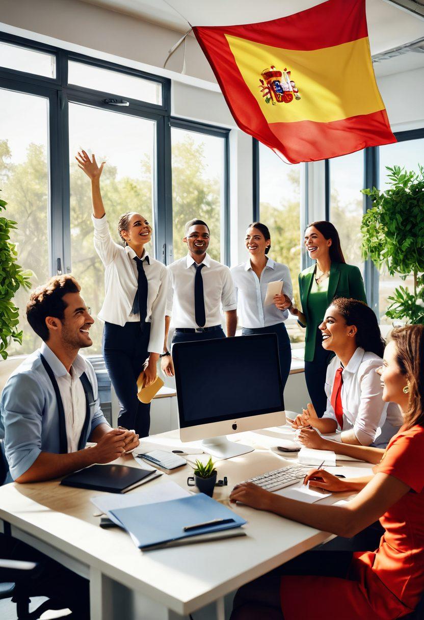 A joyful office scene showcasing diverse professionals celebrating job success together in a bright Spanish office environment. Include elements like a Spanish flag, motivational posters, and vibrant greenery to symbolize growth and happiness. A warm and inviting atmosphere with sunlight streaming in through large windows. super-realistic. vibrant colors. 3D.