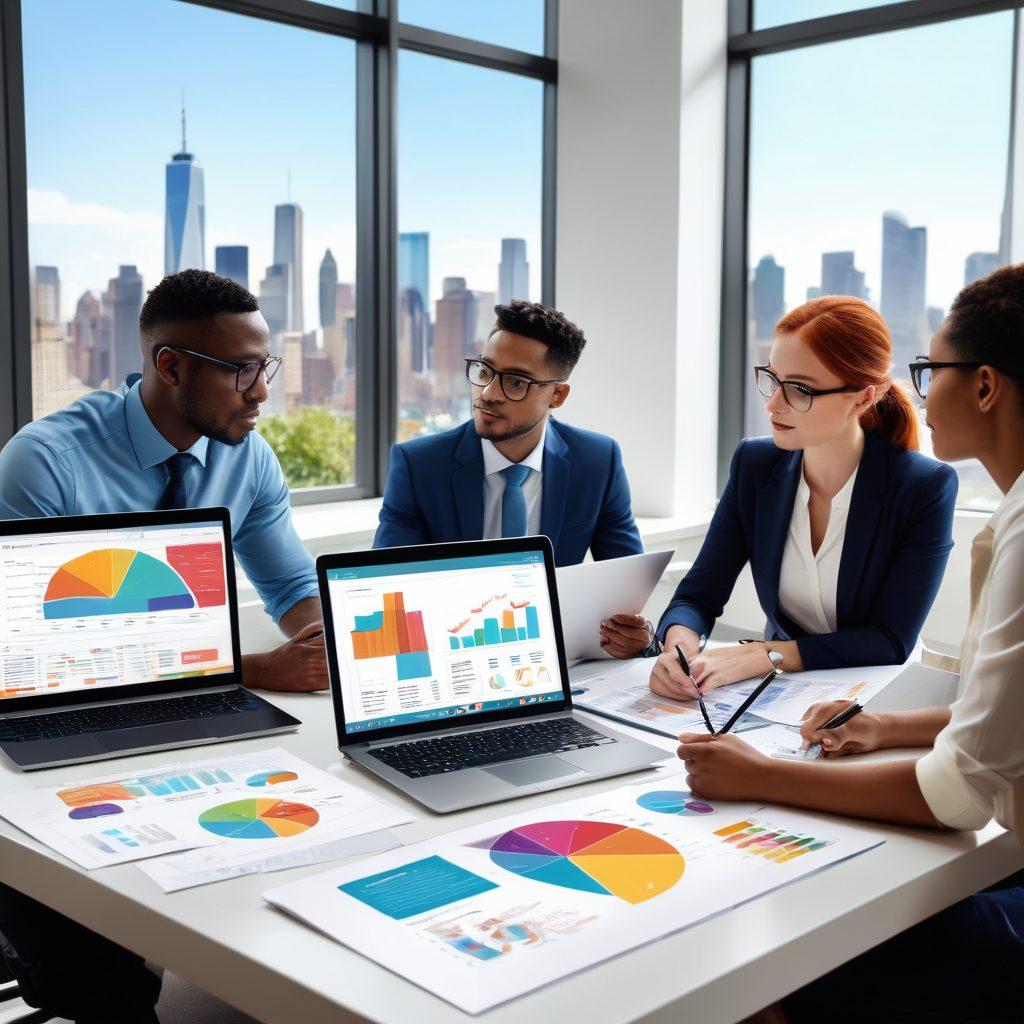 A dynamic scene depicting a diverse group of job seekers exploring an array of career resources in a modern office setting. They are engaging with devices, taking notes, and collaborating, while colorful charts and tips float around them. Include visual elements like a laptop, resume, and a city skyline through windows to symbolize opportunity. Bright and inspiring atmosphere that encourages ambition. super-realistic. vibrant colors. white background.